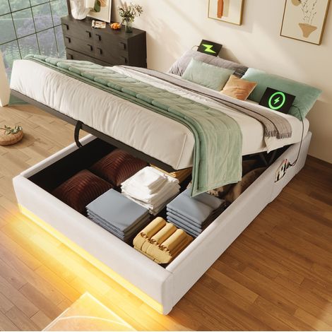 Bett Polsterbett Stauraum 90x200 Leinen Beige HAVRYA (1/5)