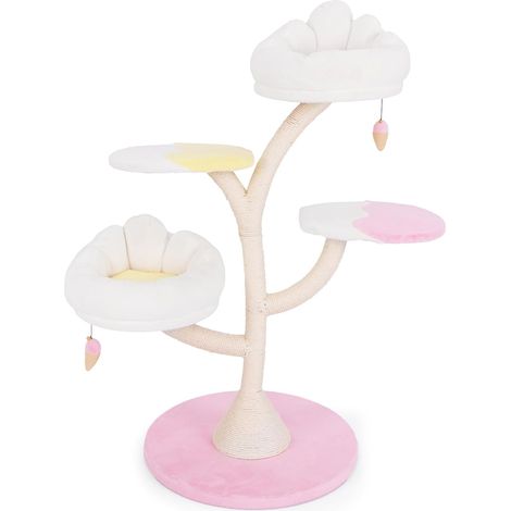 COSTWAY Árbol Rascador para Gatos, Torre de Escalada para Gatos con 2 Plataformas, 2 Nidos, 2 Bolas Colgantes y Postes de Sisal, Torre de Árbol para Gatos, Blanco y Rosa (1/5)