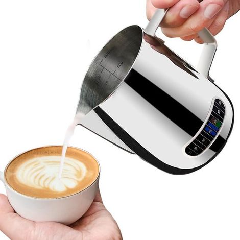 Jarra para espumar leche con termómetro, cafetera de acero inoxidable de 600 ml (1/3)