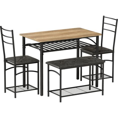 Ensemble de salle à manger 4 pièces, table de cuisine de style industriel avec 2 chaises et une banquette pour 4 personnes, assises rembourrées en similicuir marron (1/5)