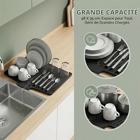 Dish Draining Mat on Sink, 48 x 35 cm, Non-Slip Silicone Mat with Groove, Hanging Holes, Raised Gradient, Heat Resistant 230°C, for Kitchen Worktop, Sink