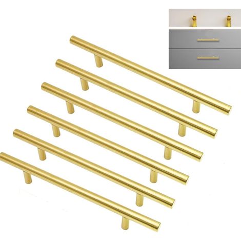 Lot de 6 poignées dorées 128 mm, inox, pour meubles cuisine et chambre (1/5)