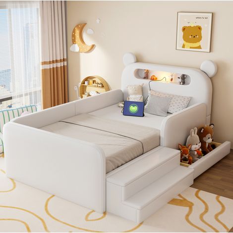 Cama infantil tapizada (214.5x134.5x98.5 cm), cabecero de oso, luz nocturna, puerto USB, almacenaje, piel sintética blanca (1/5)