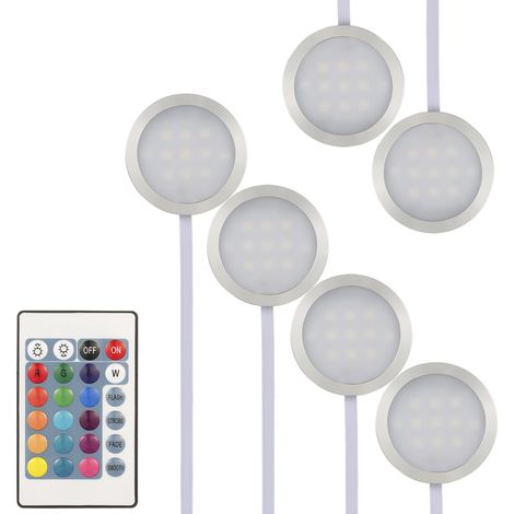 Kit d'éclairage sous meuble LED RGB rond et fin en 6 pièces, lampes rondes SMD5050 à changement de couleur avec luminosité réglable et télécommande pour cuisine, salon, bibliothèque et dressing. (1/5)