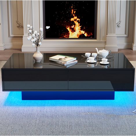 Mesa de centro negra brillante 115 x 55 x 34 cm con 2 cajones y luz LED DESVIAE (1/5)