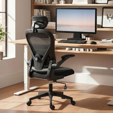 Chaise de Bureau Ergonomique, Fauteuil de Bureau en Maille avec Appui-Tête et Soutien Lombaire Réglables, Noir (1/5)