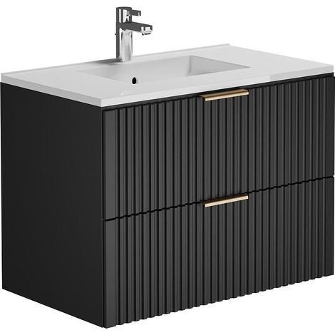 Vente-Unique – Meuble sous vasque suspendu strié avec vasque à encastrer – Noir – 80 cm – 2 tiroirs soft close – MDF éco-responsable fabriqué en Europe