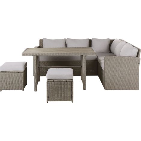 Lounge Set mit Tisch und Ottomane 5-Sitzer BARDI Taupe Polyrattan inkl. Kissen (1/5)