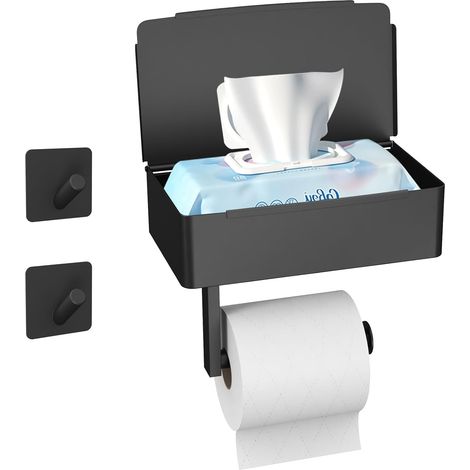 Soporte de papel higiénico de pared sin necesidad de taladrar, con estante y dispensador de toallitas húmedas, acero inoxidable negro, para baño. (1/4)