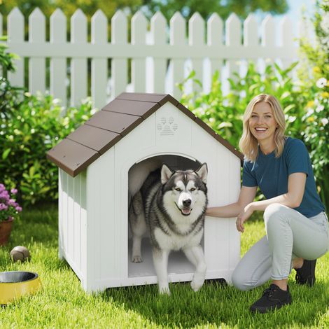 Caseta para Perros Exterior Casa para Perros Extragrandes de Plástico con 2 Ventanas Base Elevada Estacas Marrón Oscuro (1/5)