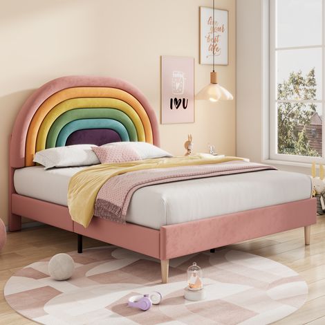 Upholstered bed 135190, with slatted frame and headboard, youth bed, for adults & teenagers, wooden slat support, easy assembly, height-adjustable headboard, velvet, pink