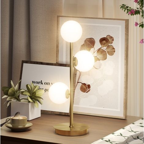 Tischlampe mit 3 Glaskugeln, stabile Stahlbasis, G9-Fassungen, 24 x 24 x 53 cm, Antikmessing (1/5)