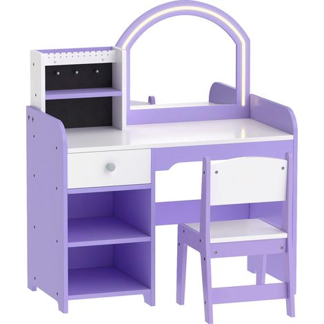 Coiffeuse enfant en bois avec tabouret et miroir - Violet - Pour 3-8 ans - Pour chambre d'enfant - Design ludique et sécurisé - Gain de place (1/5)