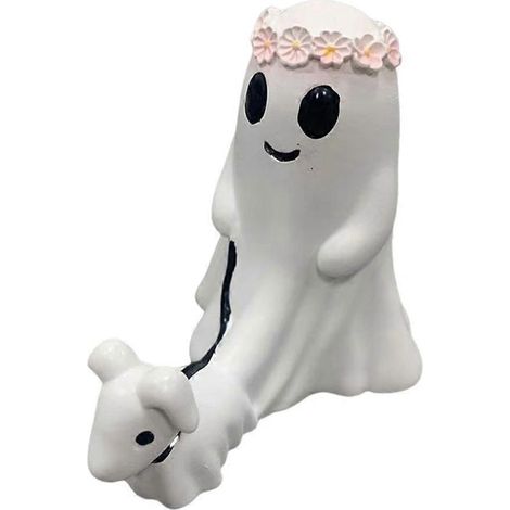 Décorations d'Halloween en résine : petit fantôme promenant un chien, statuette de fantôme (taille moyenne), ornements de jardin, figurines fantômes. (1/5)