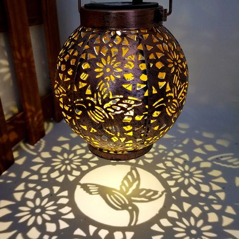 Ortviai Lampe solaire d'extérieur pour jardin – lanterne sphérique en fer avec motifs papillon, libellule et colibri (1/4)