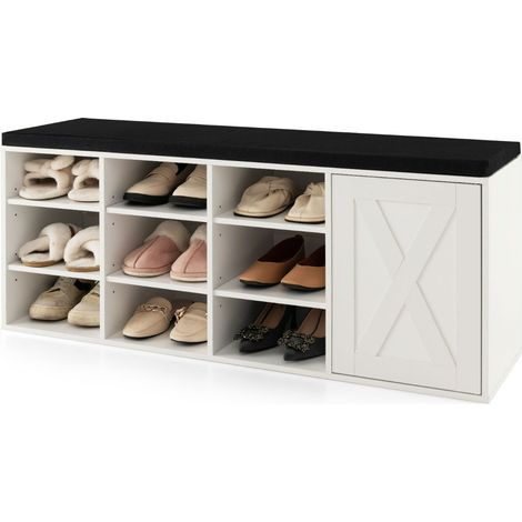 Panchina con ripiano per scarpe con cuscino imbottito e 9 cubi, Scarpiera a 3 livelli con ripiani regolabili Bianco (1/3)