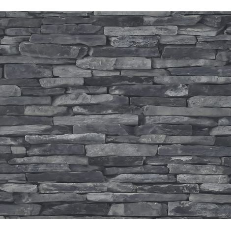 Empapelado aspecto piedra azulejos Profhome 914224 papel pintado no tejido liso con dibujo naturaleza mate gris negro 5,33 m2