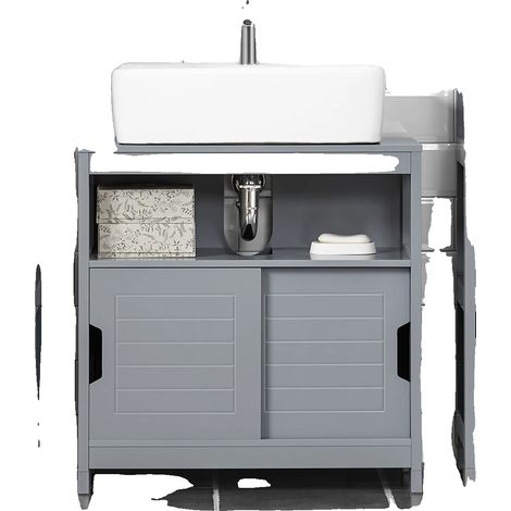 Armario de baño, amplio espacio de almacenamiento, diseño compatible con sifón, gris claro. (1/2)