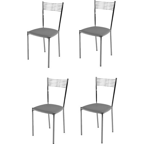 T M C S – Set de 4 chaises élégance – Structure acier chromé – Assise rembourrée cuir artificiel gris clair – Hauteur 87 cm – Pour cuisine et salle à manger (1/5)