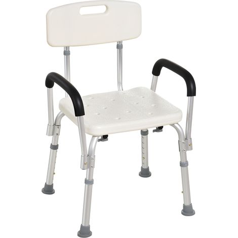 Siège de douche ergonomique blanc, chaise de douche réglable en hauteur, pieds antidérapants, dossier et accoudoirs amovibles, aluminium HDPE, charge max 136 kg. (1/5)