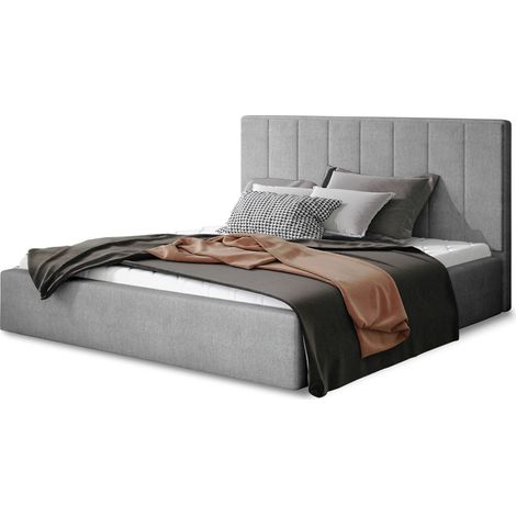Lit adulte avec coffre de rangement Vareza – Tissu matelassé-Gris clair-140x200 (1/4)