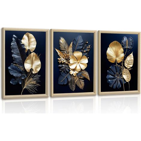 3 Pcs Bleu Marine Or Fleurs Feuilles Tableau Décoration Murale En Cadre, Moderne Or Noir Plantes Impression Sur Toile Nature Minimaliste Affiche Peintures Decoration Chambre Maison Bureau 30x40cmx3 (1/5)