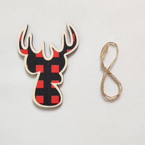 Ornement En Bois - Cerf À Carreaux Rouges Et Noirs - Décoration Murale Pour Porte Bureau Fête De Fin D Année - 1 Pièce (1/3)
