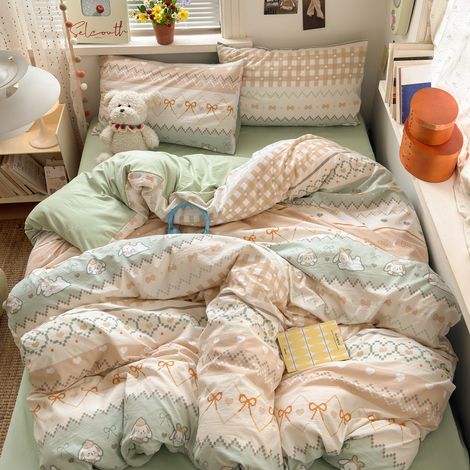 Ensemble de Literie 4 Pièces en Coton Lavé Ultra-Doux - Classe A Qualité Maternité - Housse de Couette 180x220 cm, Drap-Housse et Drap Plat 1,8 m - Motif Lapin Géométrique pour Étudiants-lsw