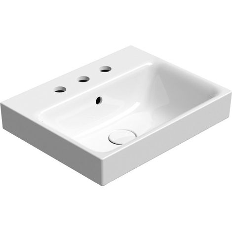 Lavabo en céramique NUBES 50x40cm, bord inférieur rainuré, 3 trous de robinetterie, blanc ExtraGlaze (1/3)