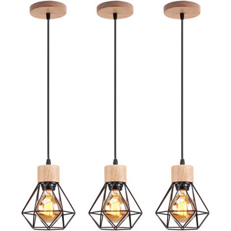 royaluxe- (3PCS)Suspension Luminaire Rétro Lampe À Suspension Vintage Noir, Plafonnier D'Intérieur Moderne En Métal Et En Bois (1/5)