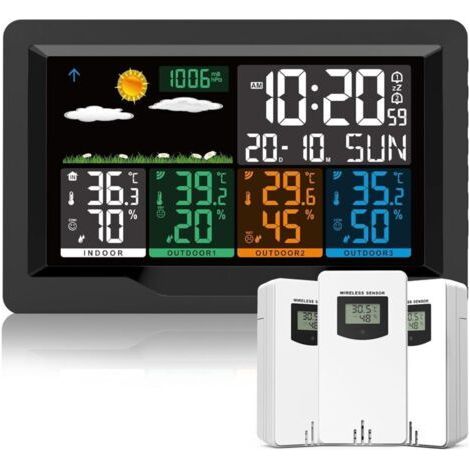Drahtlose Wetterstation mit Sensor, digitalem Innen-/Außenthermometer und Hygrometer, Farb-LCD-Display, Kalender, Uhr, Wecker, Schlummerfunktion, Temperatur- und Luftfeuchtigkeitsvorhersage, 12 cm – N (1/5)