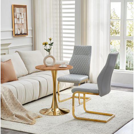 Conjunto de comedor MDF efecto madera y metal dorado, mesa redonda Ø60x72 cm con 2 sillas en PU gris claro (1/5)