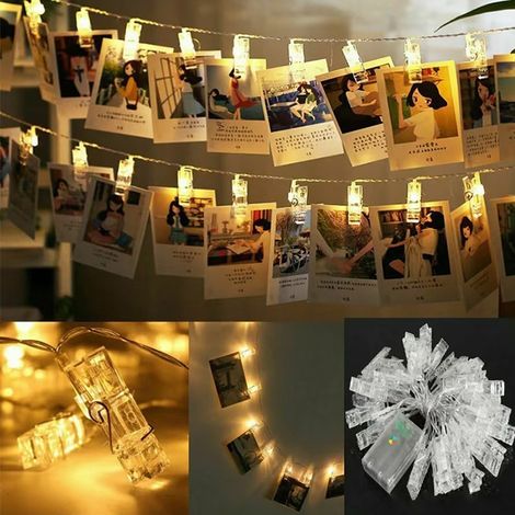 100 LEDs Guirlande lumineuse à avec pinces à photo, 10 m, alimentée par piles,USB,8 modes, pour chambre à coucher, fête de mariage, anniversaire (1/5)