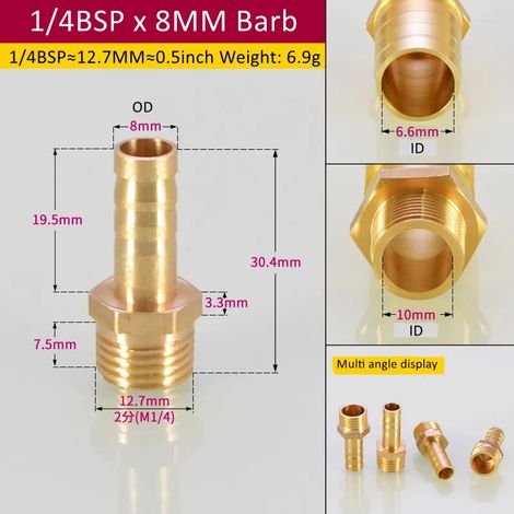Raccord de tuyauterie en laiton (1l4BSP 8 mm Barb-CN) 6/8/Tuyau, embout cannelé BSP mâle, connecteur, joint, coupleur en cuivre, adaptateur (1/5)