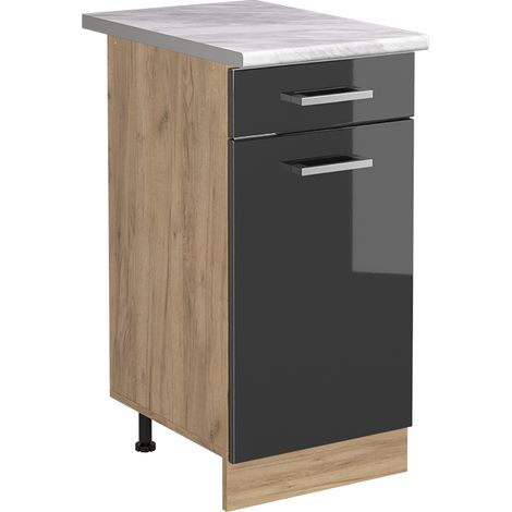 Küchenunterschrank R-Line, Anthrazit Hochglanz/Goldkraft Eiche, 40 cm Arbeitsplatte Marmor, Vicco (1/5)
