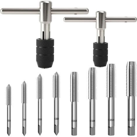 10 Stück Gewindebohrer Set Verstellbarer, Tap Wrench Set, mit M3 M4 M5 M6 M7 M8 M10 M12 HSS Gewindefräsen and 2 T Griff Windeisen Ratsche, Handgewindebohrer Satz, Gewindeschneidsatz (1/5)