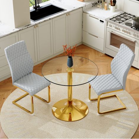 Set tavolo e 2 sedie da pranzo 85x85x76 cm, piano in vetro temprato, sedute ergonomiche, metallo oro, grigio chiaro (1/5)