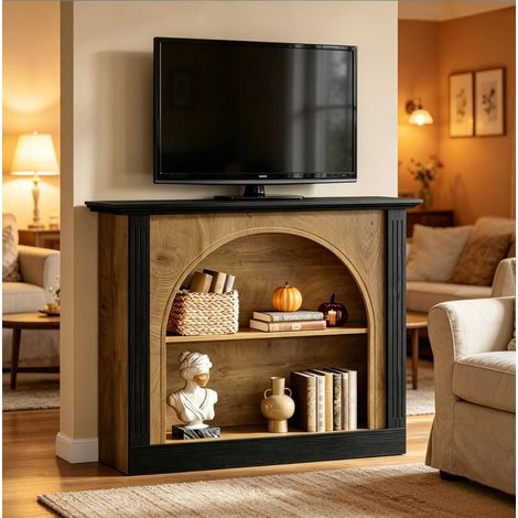 Meuble TV 110x30 cm console 3 niveaux bois noir OKMYHOME (1/5)
