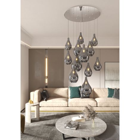 Lampadario Tondo Contemporaneo Drop 2.0 Metallo Cromo Vetro Fumè 12 Luci E27