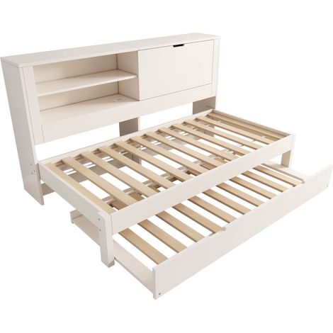 Cama banqueta 90x200 cm con cama nido 90x190 y almacenaje blanco MODENUIT (1/5)