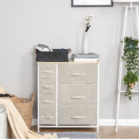Cómoda de almacenaje (63.5x30x71 cm), 7 cajones plegables y estante, estructura de acero, gris claro (1/5)
