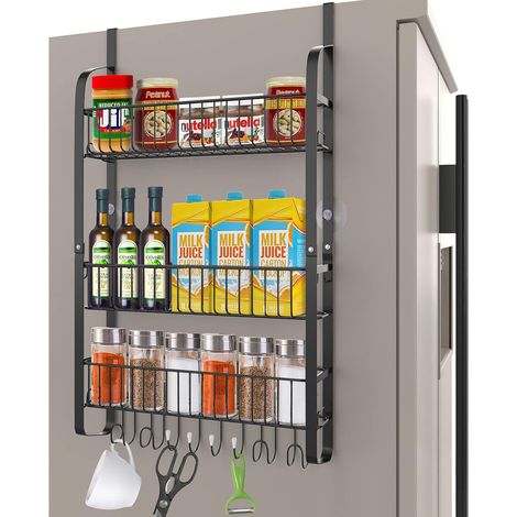 Kühlschrankablage, Gewürzregal für den Kühlschrank, 2-stöckiges Gewürzregal mit 8 Haken, multifunktionales Küchenregal für den Kühlschrank (ohne Bohren), Schwarz (1/5)