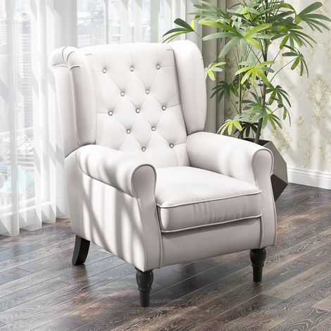 Sillón de dormitorio de estilo francés con asiento ancho, silla de dormitorio capitoné con reposabrazos y acolchado, con patas de madera para sala de estar y oficina, blanco (1/5)