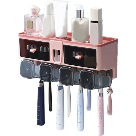 Porte-brosses à dents mural sans perçage, porte-verres pour bain de bouche, étagère de rangement pour toilettes, rose, 4 verres (1/4)