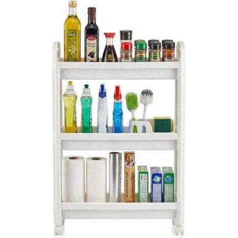 Design Étroit 18,5cm Desserte Mobile 3 Niveaux Chariot de Rangement à Roulettes Salle de Bain Cuisine Blanc (1/2)