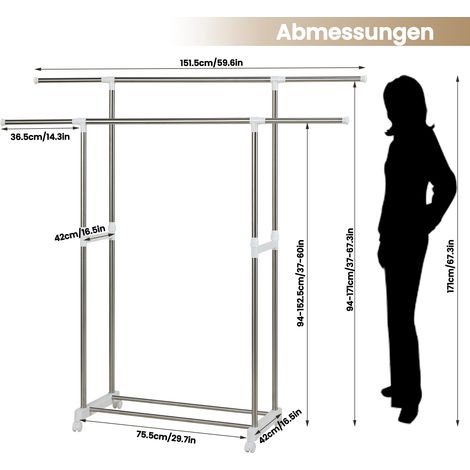 WOLTU Kleiderständer Garderobenständer mit 2 höhenverstellbaren Kleiderstangen Rollgarderobe mit Rollen und Ablage Standgarderobe Metall Stabil, (75,5–151,5) x(94–171) x42 cm, Silber