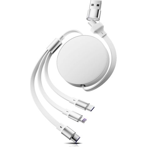 6-in-1 Multi-Charging Cable, USB-C/Lightning/Micro-USB 100W with PD/QC, for iPhone 16/15, Galaxy, Huawei, iPad - 110cm Retractable Charging Cable (Yellow)