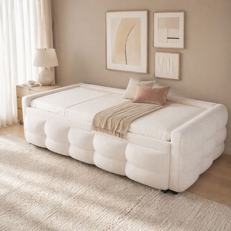 Cama nido moderna 90/180x190 cm en tejido Plush beige, con somier de lamas y estructura multifuncion (1/5)