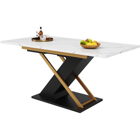 Table à manger extensible 120-160 x 80 cm noire, plateau effet marbre, pieds croisés dorés, gain de place pour cuisine et salon, 6 à 8 personnes CHICFURN (1/5)