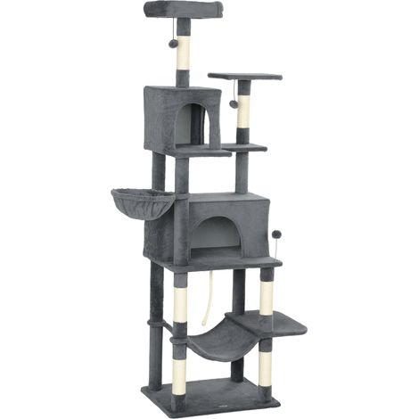 PawHut Tiragraffi per Gatti Alto 202cm 6 Pali in Sisal, Casette e Amache Grigio (1/5)